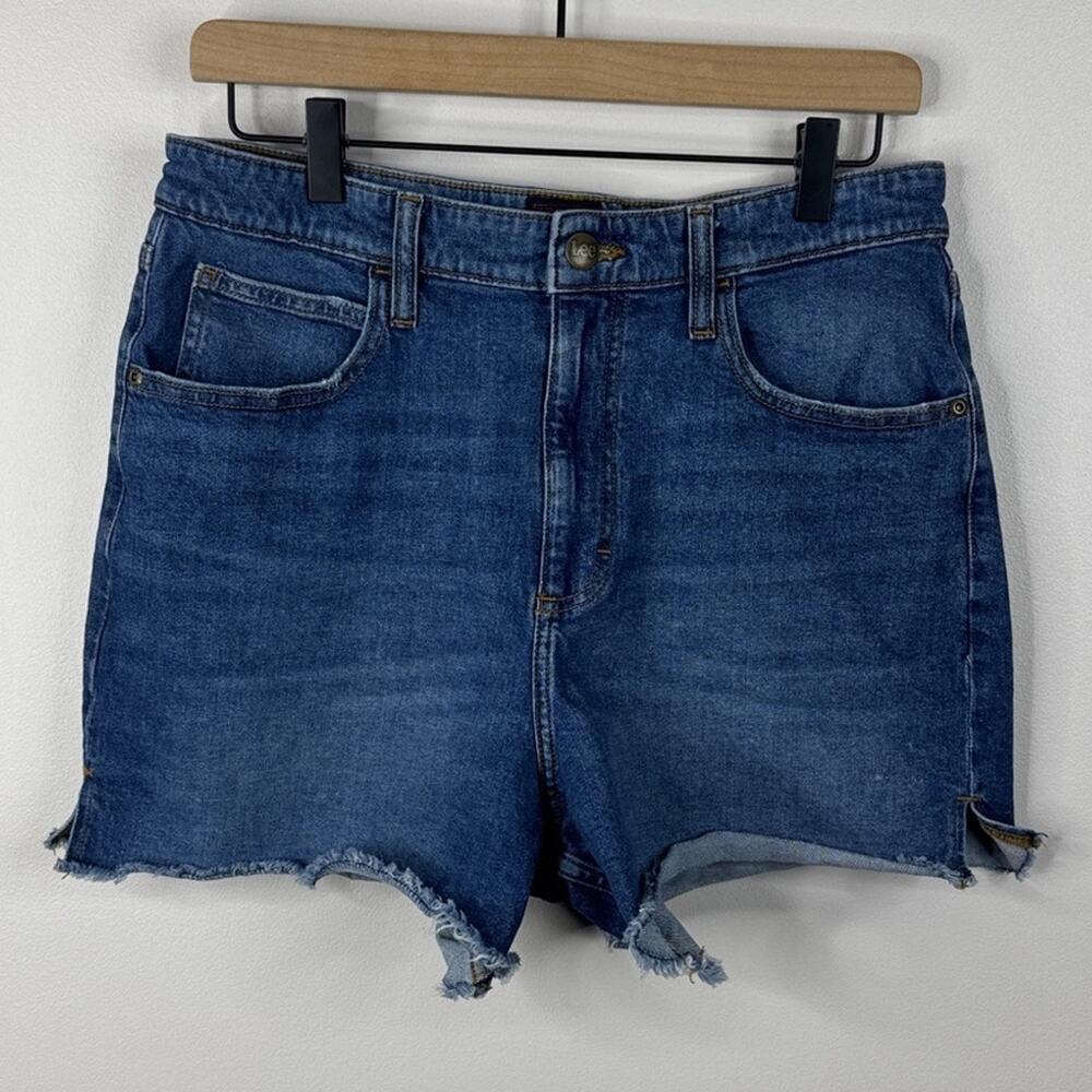 Lee Women's Size 10 High Rise Mom Jorts Denim Shorts Blue Distressed Raw Hem
